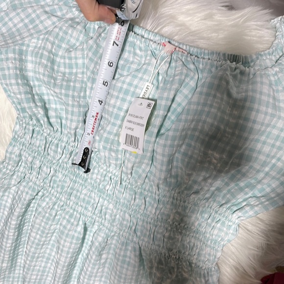 LEYDEN chambray smock elastic high waist balloon offshoulder gingham dress green - Picture 11 of 12